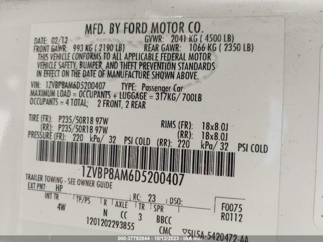 2013 FORD MUSTANG V6 VIN: 1ZVBP8AM6D5200407
