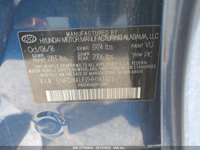 2017 HYUNDAI ELANTRA SE VIN: 5NPD84LF2HH143922