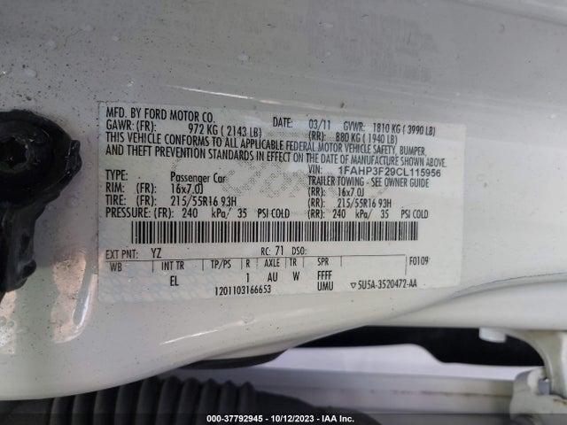 2012 FORD FOCUS SE VIN: 1FAHP3F29CL115956
