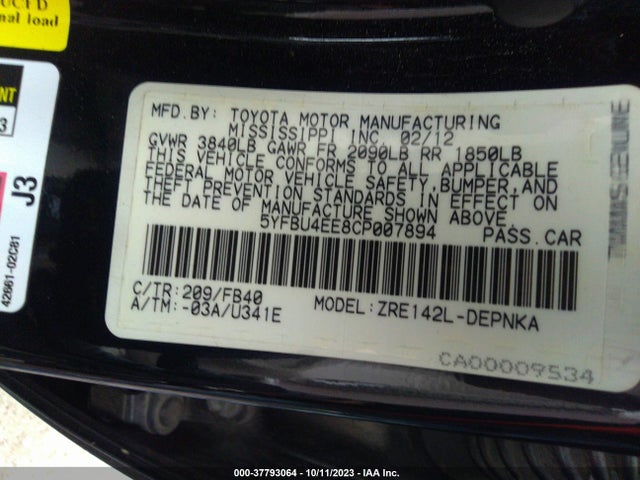 2012 TOYOTA COROLLA LE VIN: 5YFBU4EE8CP007894