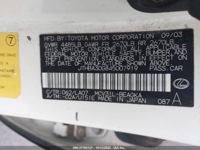 2004 LEXUS ES 330 VIN: JTHBA30G845007919