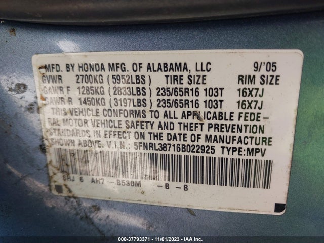 2006 HONDA ODYSSEY EX-L VIN: 5FNRL38716B022925
