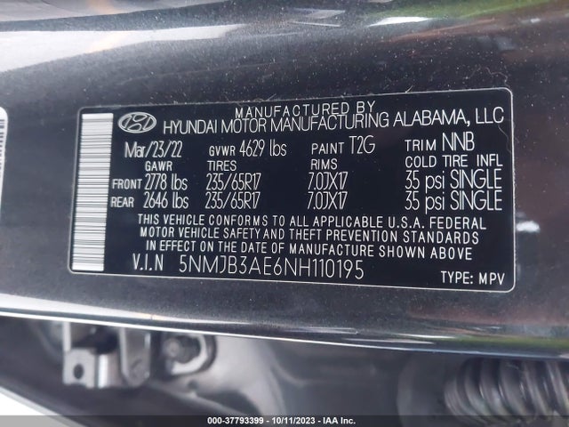 2022 HYUNDAI TUCSON SEL VIN: 5NMJB3AE6NH110195