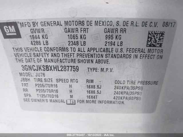 Chevrolet TRAX LS 2017 3GNCJKSBXHL287759 Image 9