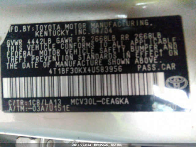 2004 TOYOTA CAMRY LE/XLE VIN: 4T1BF30KX4U583956