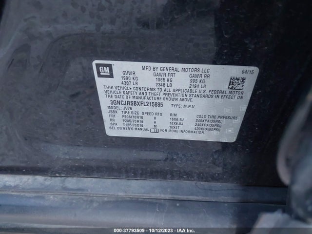 Chevrolet Trax Lt 2015 3GNCJRSBXFL215885 Image 9