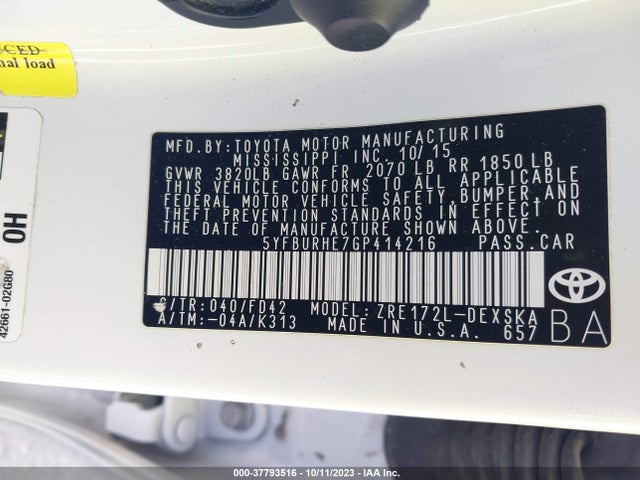 Toyota Corolla L/le/s/s Plus/le Plus 2016 5YFBURHE7GP414216 Image 9