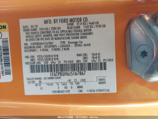 2018 FORD MUSTANG ECOBOOST VIN: 1FATP8UH6J5167867