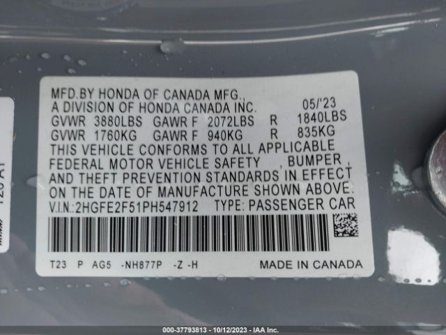 2HGFE2F51PH547912 Honda Civic Sport