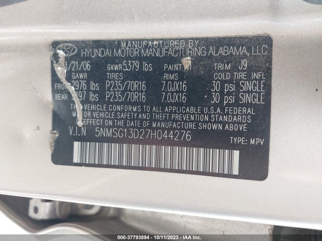 2007 HYUNDAI SANTA FE GLS VIN: 5NMSG13D27H044276