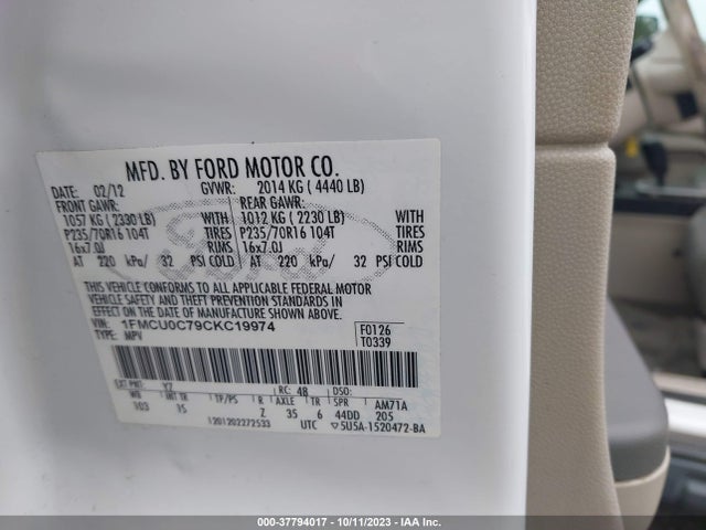 2012 FORD ESCAPE XLS VIN: 1FMCU0C79CKC19974