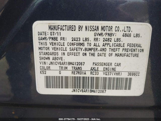 Продажа на аукционе авто 2011 Infiniti G37 Sedan X, vin: JN1CV6AR1BM412067, номер лота: 37794179