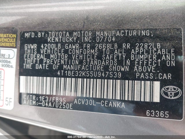 2005 TOYOTA CAMRY STD/LE/SE/XLE VIN: 4T1BE32K55U947539