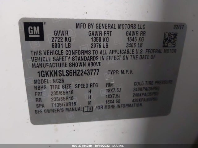 2017 GMC ACADIA SLE-2 VIN: 1GKKNSLS6HZ243777