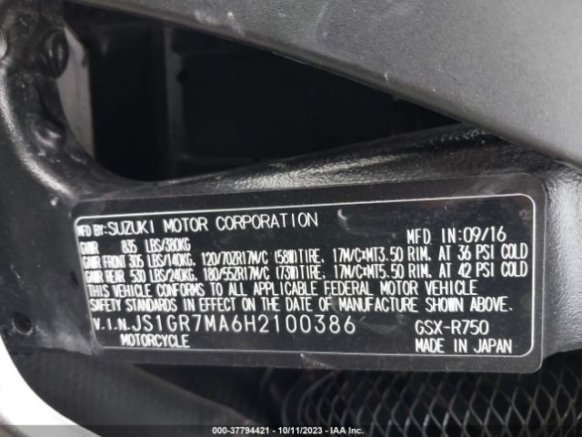 2017 SUZUKI GSX-R750 JS1GR7MA6H2100386 Photo 9