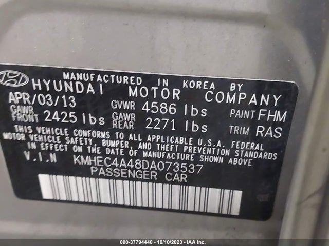 2013 HYUNDAI SONATA HYBRID VIN: KMHEC4A48DA073537