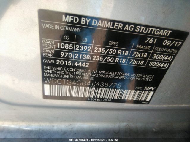 WDCTG4GB4JJ438775 Mercedes-Benz Gla Gla 250
