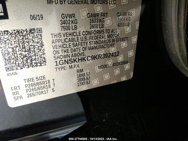 Chevrolet Suburban Lt 2019 1GNSKHKC9KR392412 Image 9