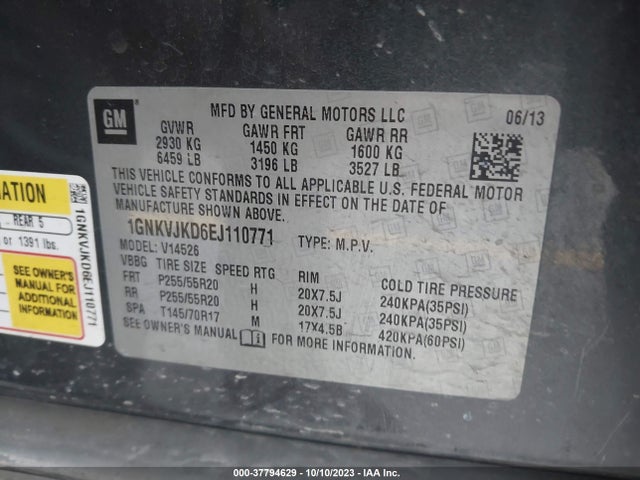 Chevrolet Traverse Ltz 2014 1GNKVJKD6EJ110771 Image 9