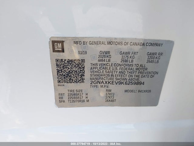 Chevrolet EQUINOX LT 2019 2GNAXKEV9K6259894 Image 9