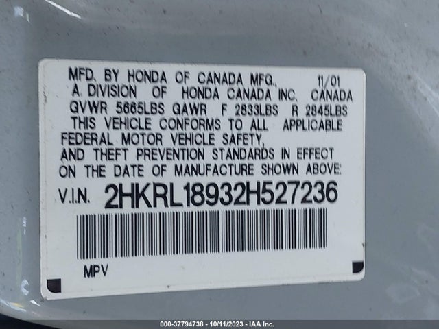 2002 HONDA ODYSSEY EX-L W/LEATHER VIN: 2HKRL18932H527236