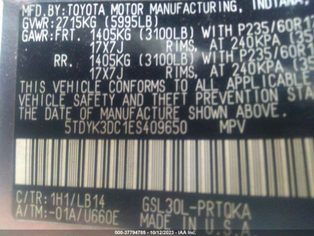 5TDYK3DC1ES409650 Toyota SIENNA XLE