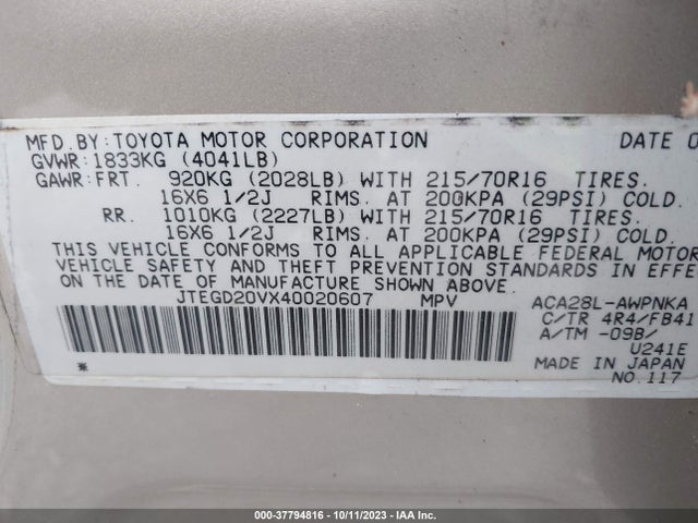 2004 TOYOTA RAV4 JTEGD20VX40020607 Photo 8