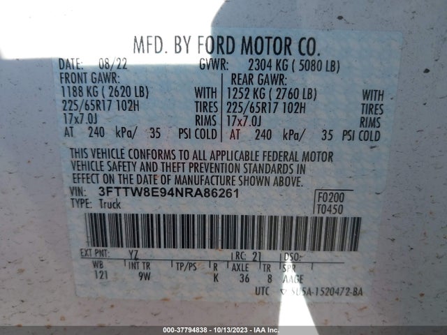 Ford Maverick Xl 2022 3FTTW8E94NRA86261 Image 9