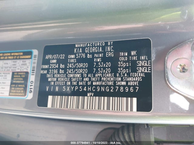 2022 KIA TELLURIDE SX VIN: 5XYP54HC9NG278967