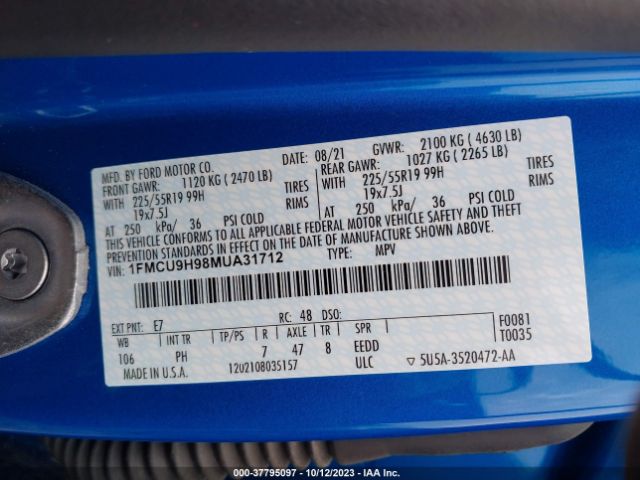 1FMCU9H98MUA31712 Ford ESCAPE SEL