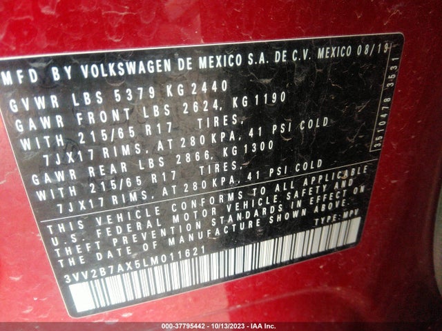 3VV2B7AX5LM011621 Volkswagen Tiguan Se/sel/se R-line Black