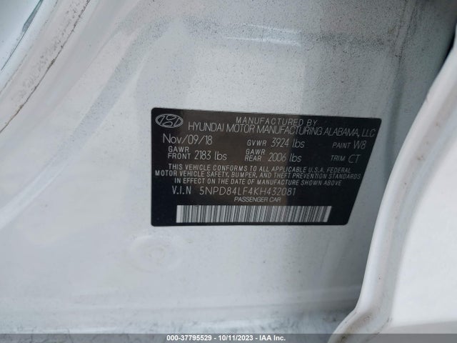 2019 HYUNDAI ELANTRA SEL VIN: 5NPD84LF4KH432081