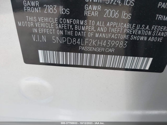 2019 HYUNDAI ELANTRA VALUE EDITION VIN: 5NPD84LF2KH439983