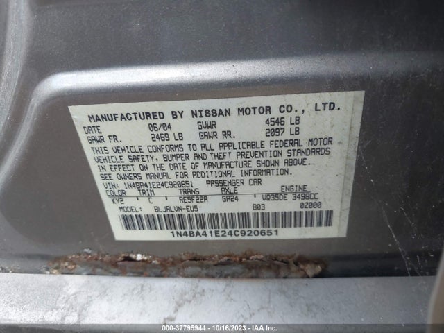 2004 NISSAN MAXIMA SL VIN: 1N4BA41E24C920651