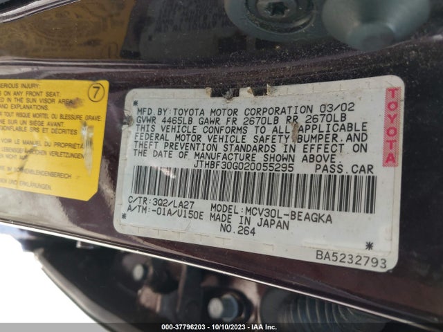 2002 LEXUS ES 300 VIN: JTHBF30G020055295