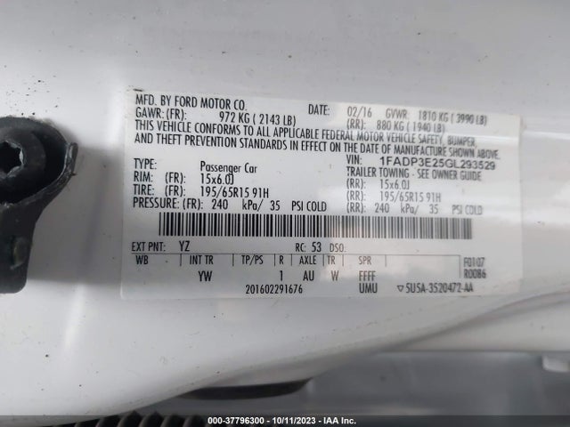2016 FORD FOCUS S VIN: 1FADP3E25GL293529