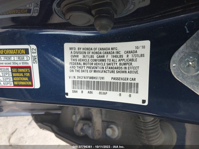 2011 HONDA CIVIC LX VIN: 2HGFA1F58BH517241