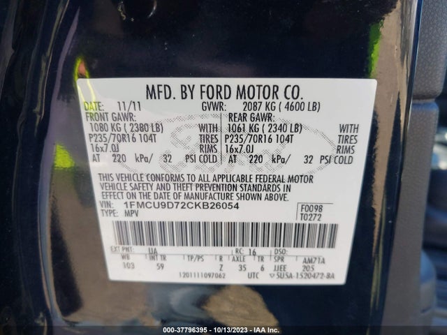 2012 FORD ESCAPE XLT VIN: 1FMCU9D72CKB26054