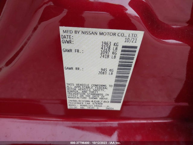 2021 NISSAN ALTIMA 2.5 SR VIN: 1N4BL4CV1MN408780