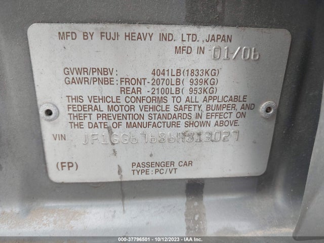 37796501 :رقم المزاد ، JF1GG67686H813027 vin ، 2006 Subaru Impreza 2.5i مزاد بيع