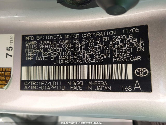 2006 TOYOTA PRIUS VIN: JTDKB20UX67064032