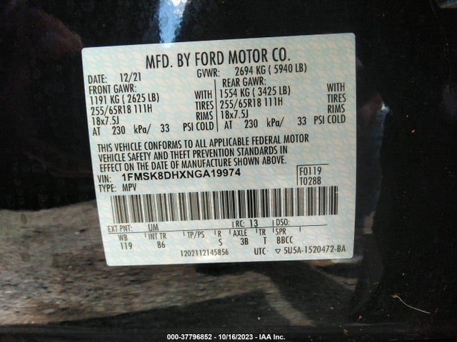 2022 FORD EXPLORER XLT VIN: 1FMSK8DHXNGA19974
