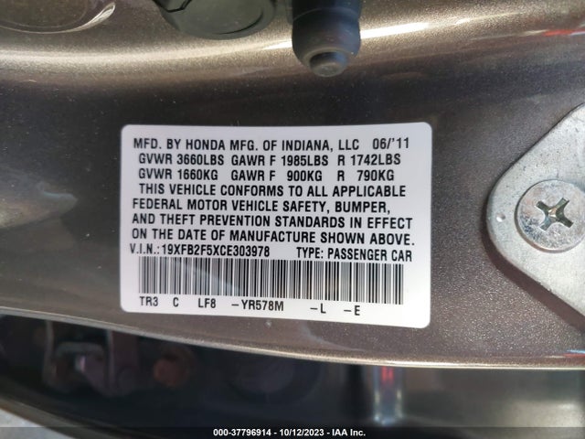 2012 HONDA CIVIC SDN LX VIN: 19XFB2F5XCE303978