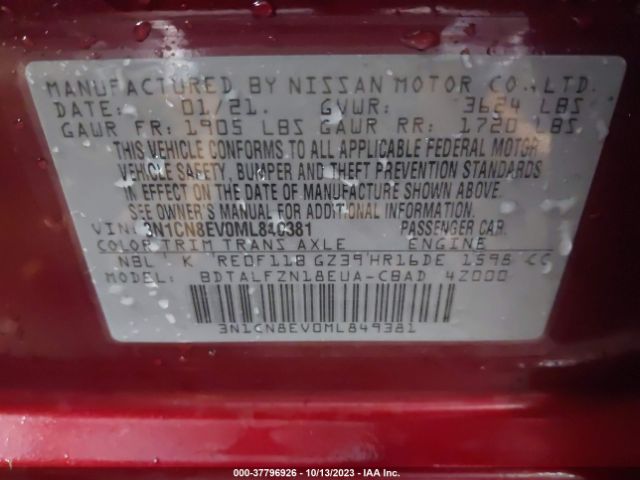 3N1CN8EV0ML849381 Nissan VERSA SV