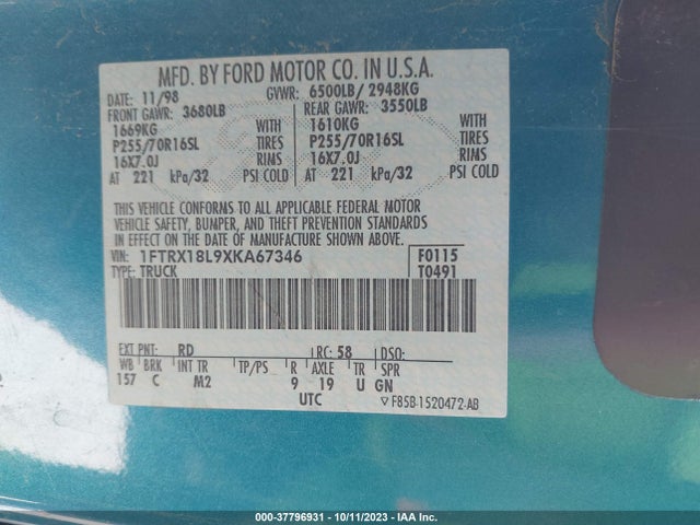 1999 FORD F-150 XL/XLT/LARIAT VIN: 1FTRX18L9XKA67346