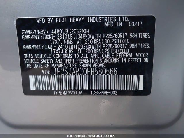 2017 SUBARU FORESTER LIMITED VIN: JF2SJARC0HH580566