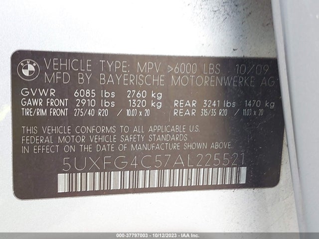 2010 BMW X6 XDRIVE35I VIN: 5UXFG4C57AL225521