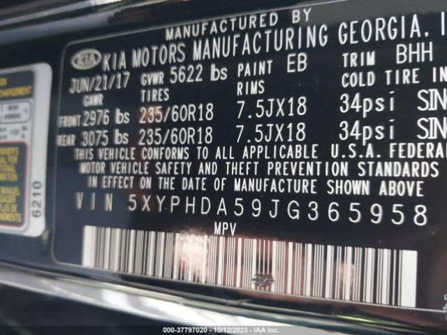 5XYPHDA59JG365958 KIA Sorento Ex V6