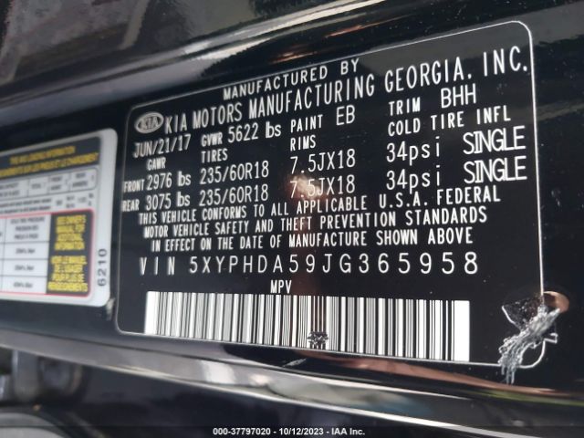 5XYPHDA59JG365958 KIA Sorento Ex V6