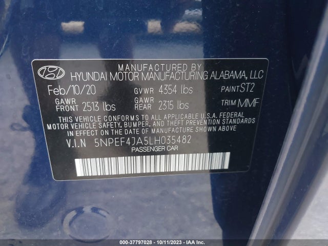 2020 HYUNDAI SONATA SEL VIN: 5NPEF4JA5LH035482